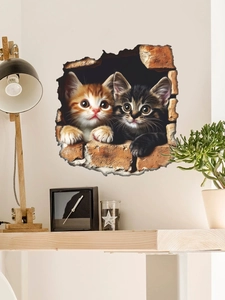 Detailed 3D cat wall stickers showing two kittens peeking through a broken brick wall
