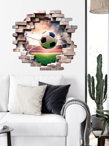 Detail view of 3D creative football wall sticker showing stadium scene in a modern living room