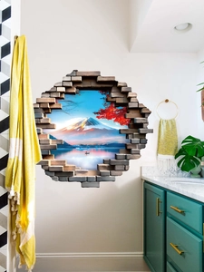 Close-up of 3D cracked wall decal featuring Mount Fuji and scenic nature landscape