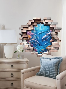 Detailed 3D wall sticker featuring realistic dolphins and coral reef in a bedroom setting