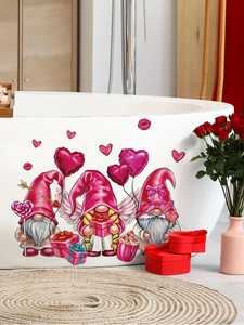 Detail view of Valentine gnome stickers with pink hearts applied to a bathtub surface