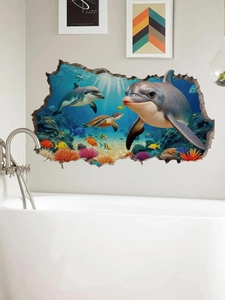 Detail of 3D dolphin ocean wall sticker with colorful coral reef in a modern bathroom