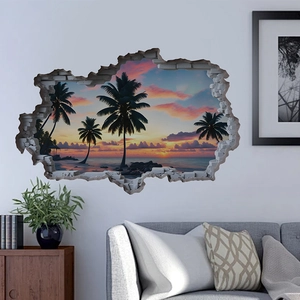 3D ocean beach wall sticker with tropical sunset palm trees on a modern living room wall