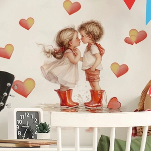 Stickers muraux couple romantique avec cœurs colorés pour décoration de chambre maison