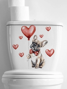 Detail showing a French Bulldog with a red heart balloon on a white toilet surface