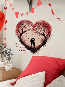 Dettaglio dell'adesivo murale albero a cuore rosso con silhouette di coppia per la camera
