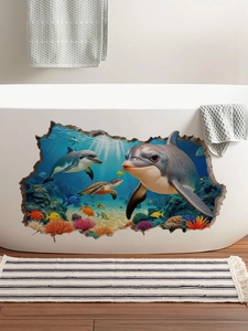 Detailed 3D ocean wall sticker showing dolphins and turtles on a bathtub surface