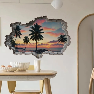 3D tropical beach sunset broken wall sticker with palm trees and ocean for home decor