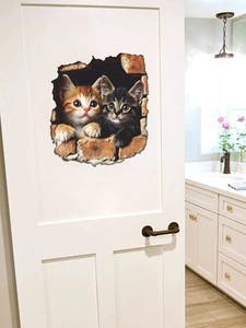 Detail of 3D cat wall sticker showing realistic kittens peeking through a brick wall hole