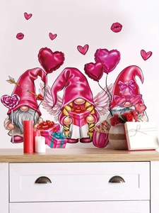 Detailed view of pink Valentine gnomes wall stickers with heart balloons in a romantic room