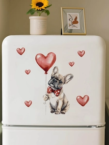 Detailed view of French Bulldog wall sticker with a red heart balloon on a white fridge