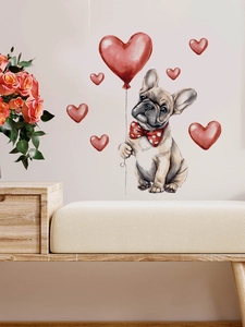 Detail of French Bulldog and red heart balloon wall decal in a cozy living room setting