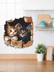 Detailed view of 3D cracked wall decal with realistic kittens in a modern kitchen setting