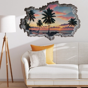 3D beach sunset wall sticker with tropical palms and a broken wall effect for living room