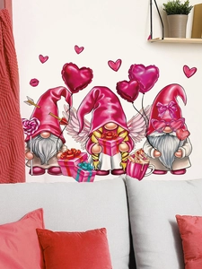 Detail of Valentine Gnomes wall stickers with pink hearts and balloons on a white wall