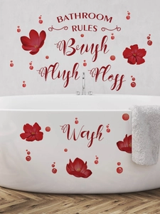 Detail of red flower bathroom rules wall decals on a modern white bathtub setting