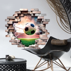 3D soccer wall sticker with realistic broken wall effect for living room home decor
