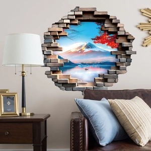 3D snow mountain wall sticker featuring Mount Fuji autumn scenery with brick break effect