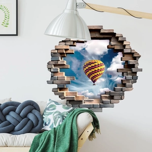 Sticker mural 3D créatif avec montgolfière dans le ciel bleu pour décor de maison