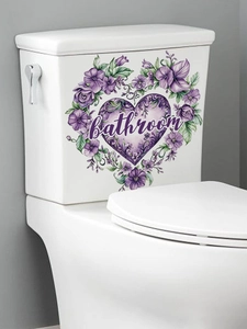 Detail of purple heart floral PVC sticker with bathroom text on a white toilet tank