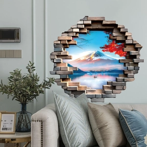 3D snow mountain wall sticker with Mount Fuji view behind a realistic broken brick wall