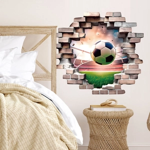 3D football breaking through wall sticker showing stadium backdrop for home decor