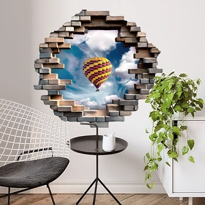 Sticker mural 3D effet mur brisé avec montgolfières et ciel bleu pour décoration