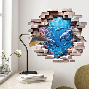 3D ocean wall sticker with dolphins jumping through a broken brick wall for kids' rooms
