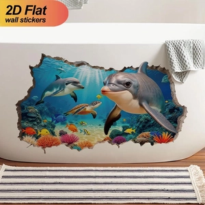 3D ocean world wall sticker with dolphins and turtles for bathroom decor on white bathtub