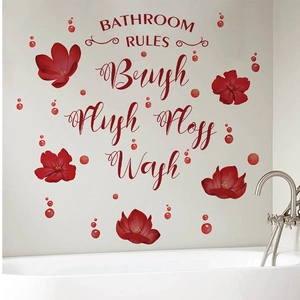 Bathroom Rules Wall Sticker Red Flower PVC Waterproof Wall Decal For Bathroom Decor Brush Flush Floss Wash Instructions