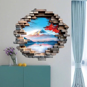 3D snowy mountain landscape wall sticker with a creative broken brick frame for home decor