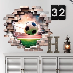 3D realistic soccer ball wall sticker breaking through a brick wall for home decor