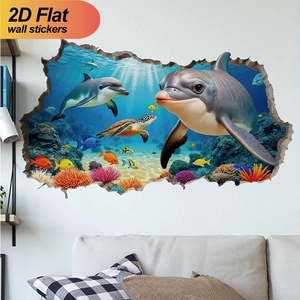 3D ocean dolphins wall decal with sea turtles and coral reef for home living room decor