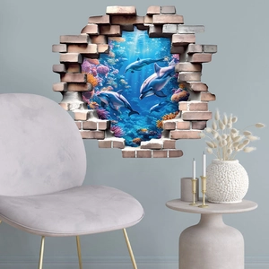 3D ocean undersea world wall sticker with dolphins and coral reef in broken wall frame