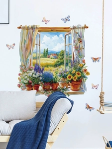 Adesivo murale 3D finestra con girasoli e farfalle colorate sulla parete bianca