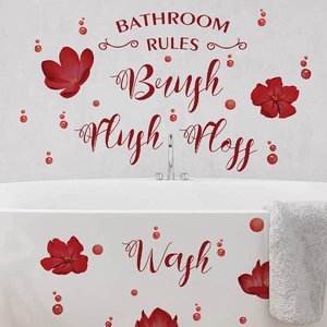 Red flower wall decals with Bathroom Rules lettering for modern bathtub and tile decoration