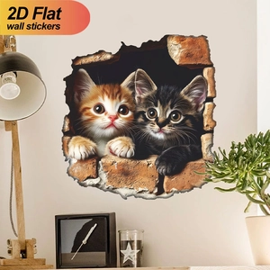 Creative 3D wall sticker featuring two cute cats peeping through a broken red brick wall