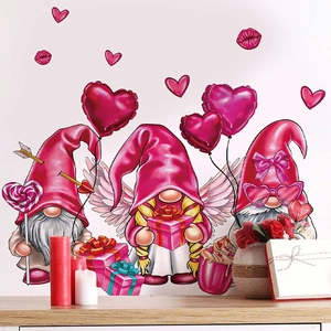 Pink Valentine Gnomes wall stickers set with hearts for romantic living room decor