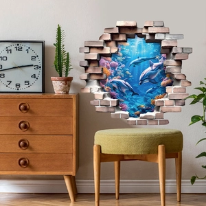 3D ocean breakthrough wall sticker featuring jumping dolphins and coral reef world