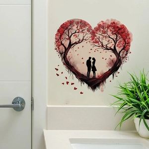 Adesivo murale albero a cuore romantico con silhouette di coppia per camera