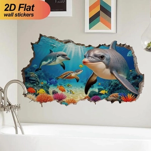 3D effect dolphin wall stickers for kids bathroom featuring marine life in blue ocean theme
