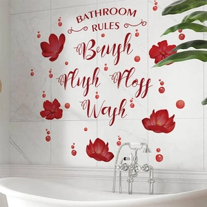 Red floral bathroom rules wall decal with brush flush floss wash text on white tiles