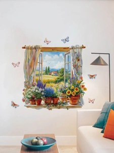 Dettaglio dell'adesivo murale 3D con vista su campi di grano dorati e vasi di fiori colorati