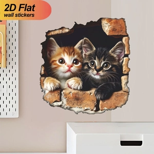 3D effect wall sticker featuring two cute kittens peeping through a broken brick wall gap