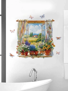 Dettaglio dell'adesivo murale 3D con paesaggio pastorale, vasi di fiori e farfalle