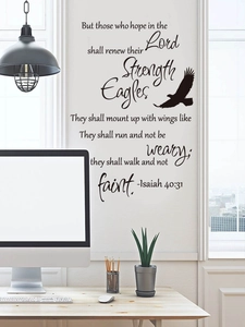 Close-up of black Isaiah 40:31 eagle wall decal on a clean white office wall