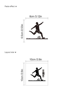 Detail showing soccer player silhouette wall sticker dimensions 8x6.5cm and 10x10cm layout