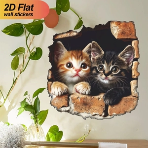 3D effect cat wall stickers showing two kittens peeking through a broken brick wall