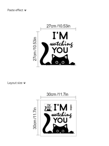 Sticker mural chat noir avec texte montrant la disposition et les dimensions de pose