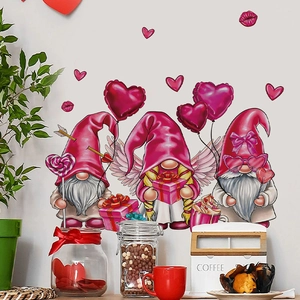 Valentine’s Day pink gnome wall stickers for home decor with hearts and balloons